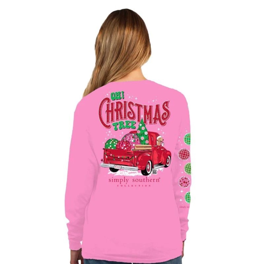 NWT Simply Southern pink Christmas tree & red truck graphic logo long sleeve top - Picture 3 of 7